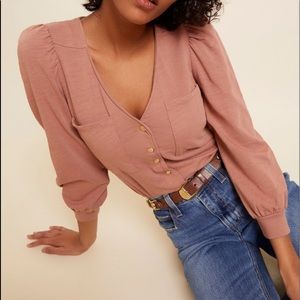 Nation LA Anthropologie Bentley Button Snap Puff Sleeve Top Blouse Shirt